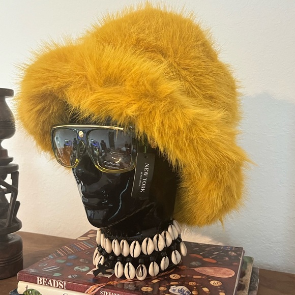 Mustard Gold Fuzzy Faux Fur Hat - Picture 11 of 13